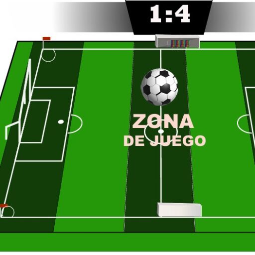 Logo de 'Zona de Juego' con tipografía verde y blanca sobre un fondo de campo de fútbol estilizado, con un balón de fútbol en movimiento.