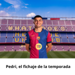 Pedri en el Camp Nou con la frase Pedri, el fichaje de la temporada