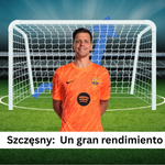 Wojciech Szczęsny en un campo de fútbol con una portería y una barra de símbolo ascendente detrás.