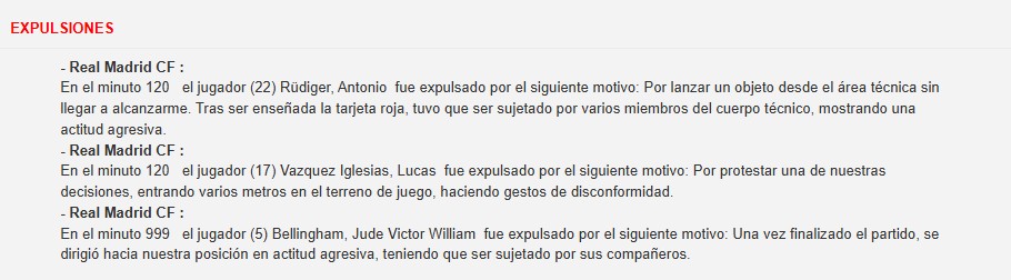 Fragmento del acta arbitral de la final de la Copa del Rey 2025, detallando las expulsiones de jugadores ocurridas durante el partido.
