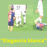Jugadores del Real Madrid discutiendo con el árbitro después de una entrada sobre un jugador del FC Barcelona.