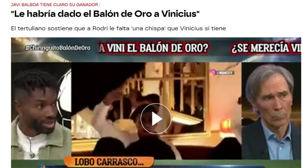 Captura de pantalla de un programa televisivo en el que se debate sobre si Vinicius merece ganar el Balón de Oro. La imagen muestra a varios tertulianos con sus rostros pixelados, y en la parte superior se puede leer un titular que dice "Le habría dado el Balón de Oro a Vinicius". En la parte inferior, hay una barra con texto que pregunta "¿Vini el Balón de Oro?" y "¿Se merecía Vini?