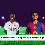 Imagen de dos jugadores de fútbol, uno con el uniforme del Real Madrid y otro con el uniforme del FC Barcelona, en un campo iluminado por focos, con sus rostros cubiertos por recuadros marrones.